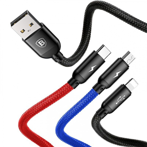 Kabel USB Baseus 3w1 USB-C / Lightning / Micro 3,5A 0,3m czarny