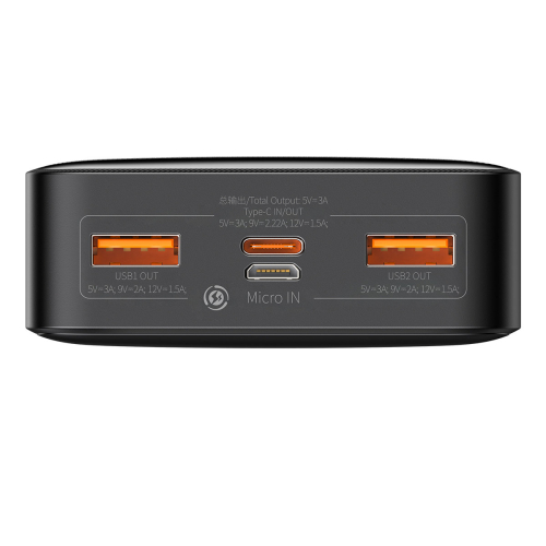 PowerBank Baseus Bipow 20000mAh, 2xUSB, USB-C, 20W + kabel USB-A - Micro USB 0.25m czarny (Overseas Edition)