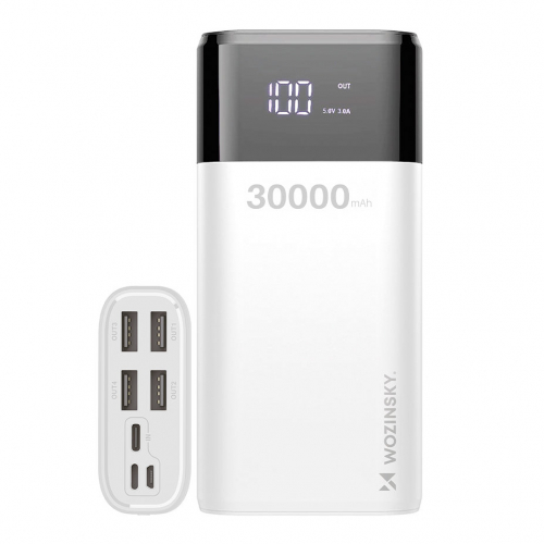 Wozinsky Powerbank 4x USB 30000mAh z wyświetlaczem LCD biały